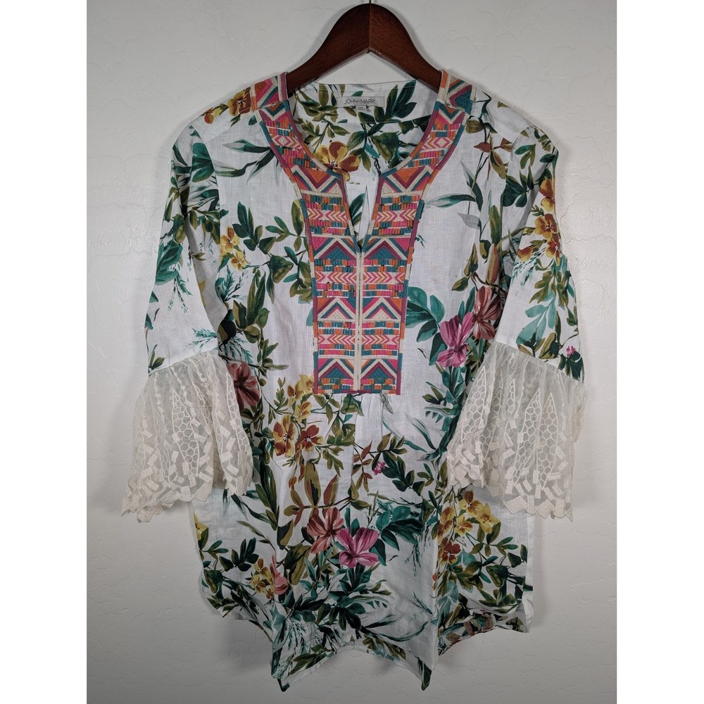 John Mark Tunic Blouse Womens Medium Floral Embroidered Linen Boho Lace Top